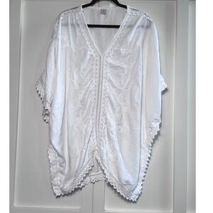 Blanco White Cotton Embroidered Swim Cover Up Crochet Trim Boho Kaftan Large